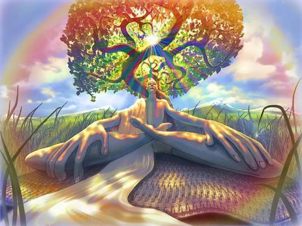 The Art of sacred union with mother nature animated man sitting in the shadow of a tree with his yoni shakti yoga pose