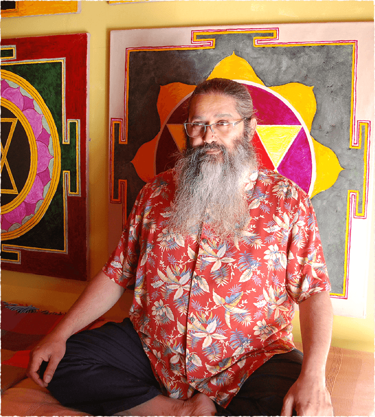 A person sitting in a meditative pose with their eyes closed, surrounded by a textured background